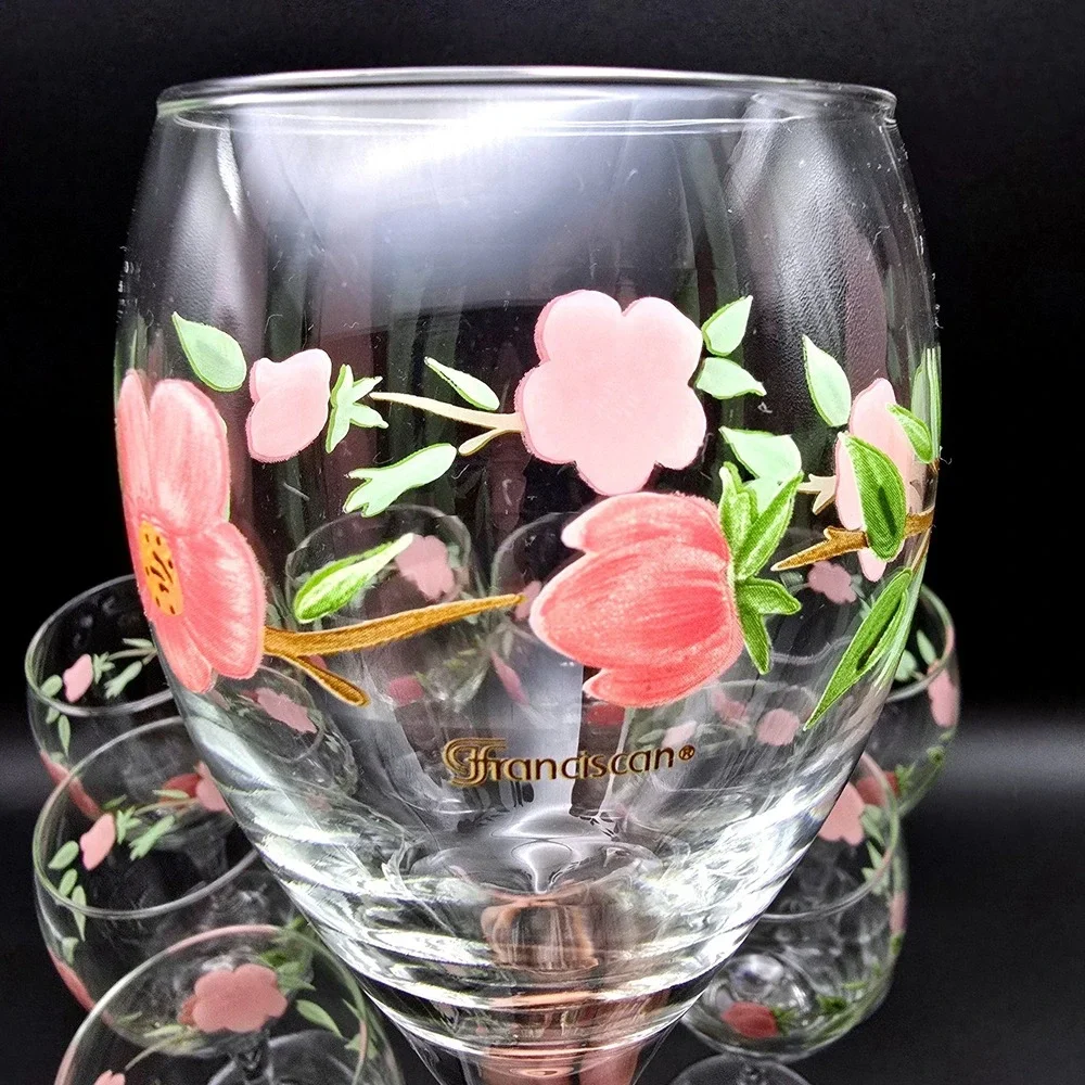 Franciscan Desert Rose Wine Goblets Set of 8 Pink Floral Stemmed Water Glasses